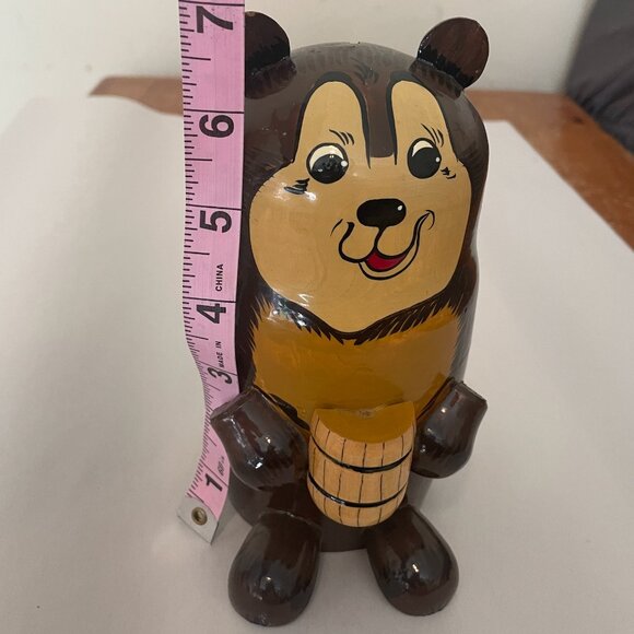 Vintage Hand Painted Wooden Bear Money Bank with Honey Barrel Coin Piggy Bank - Picture 7 of 9